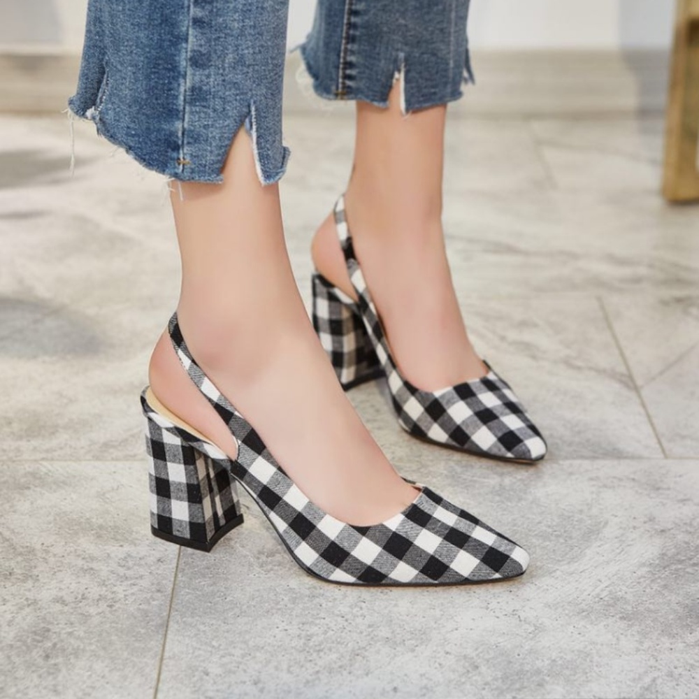 WOMEN'S GINGHAM STILETTO HEELS SANDALS SLING BACK